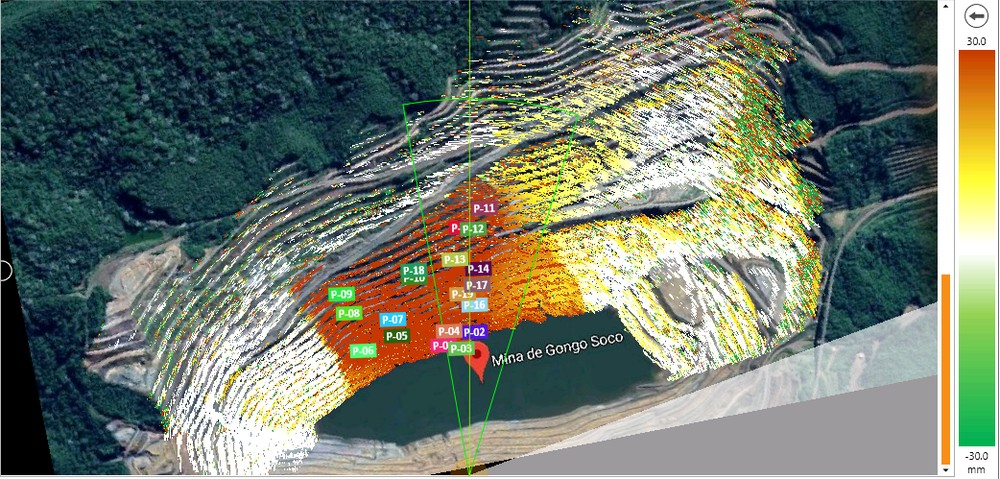 Porção do talude norte que apresenta maior deformação (região em laranja) da Mina Gongo Soco — Foto: Vale/Divulgação