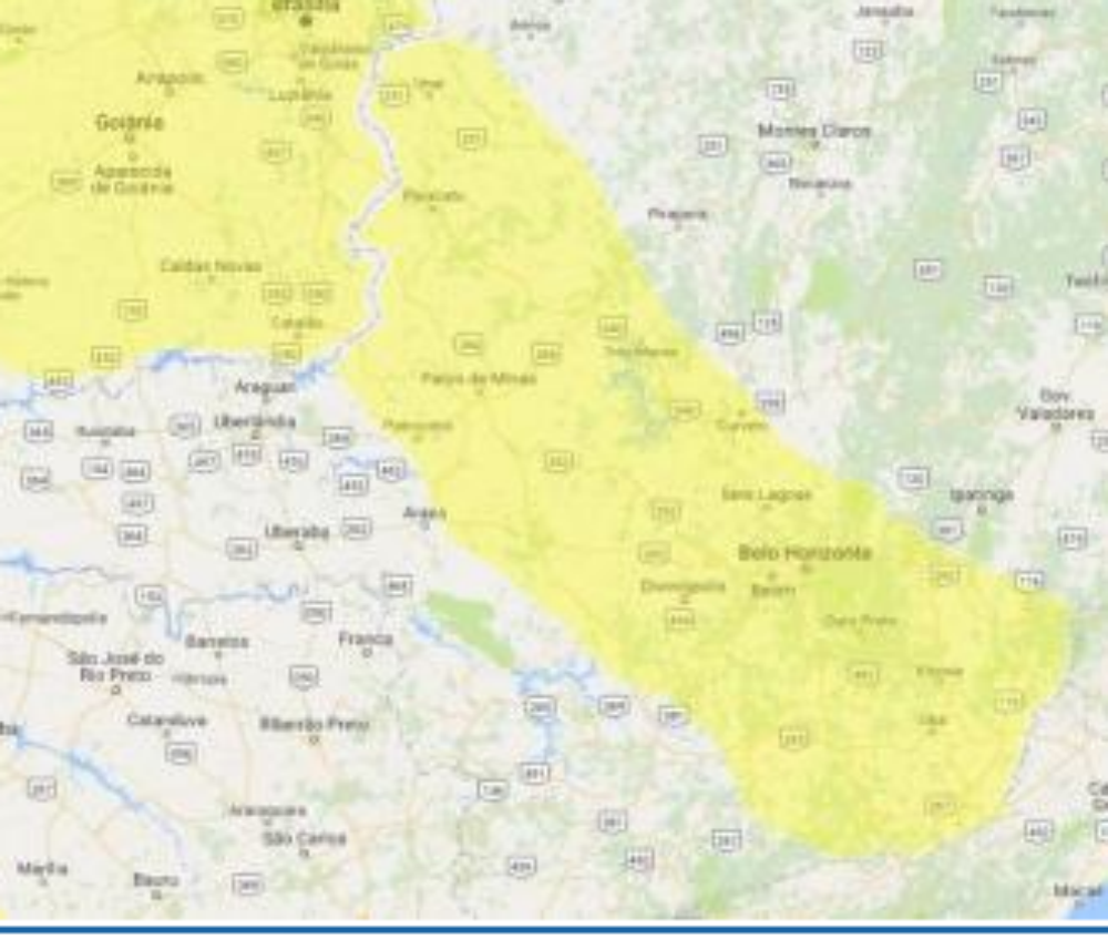 A mancha amarela no mapa é onde terá maior índice pluviométrico (Divulgação/Ascom Patos de Minas)